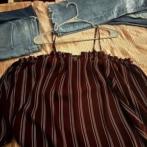 Rue21 Burgundy Striped Off-Shoulder Blouse